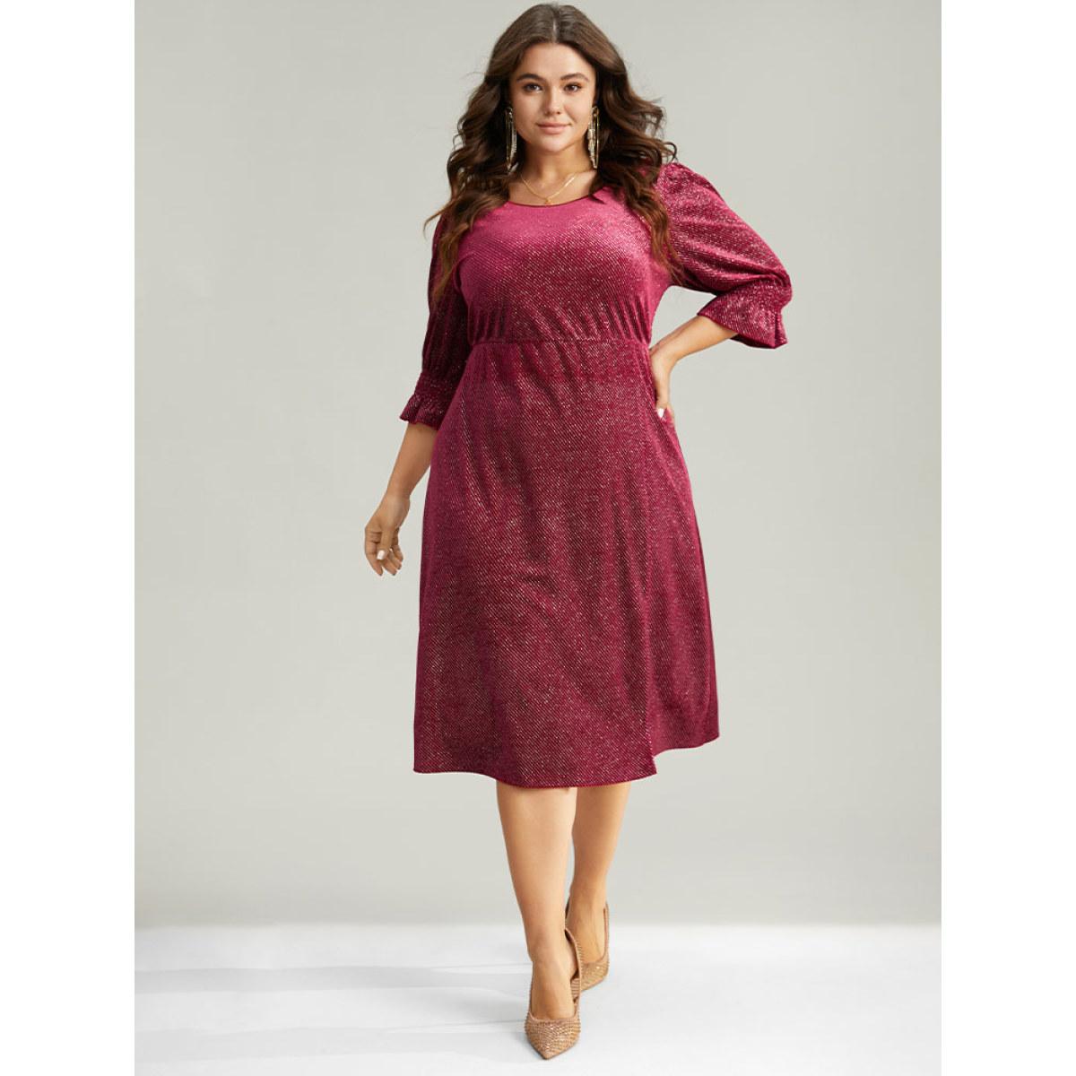 Plus Size Plain Velvet Glitter Split Hem Shirred Dress Scarlet Women Glamour Velvet Round Neck Half Sleeve Curvy Midi Dress BloomChic 22-24/3X Product Image