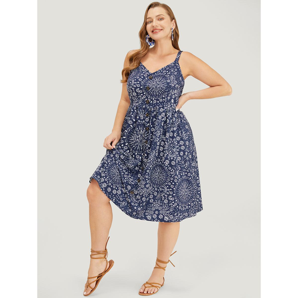 Plus Size Moroccan Print Pocket Button Detail Cami Dress Indigo Women Vacation Adjustable Straps V-neck Sleeveless Curvy Knee Dress BloomChic 12/L Product Image