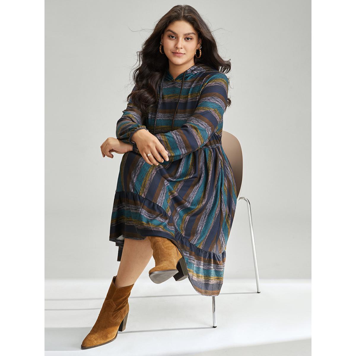 Plus Size Striped Contrast Ruffle Layered Hem Hooded Dress Multicolor Women Casual Elastic cuffs Hooded Long Sleeve Curvy Midi Dress BloomChic 28/5X Product Image