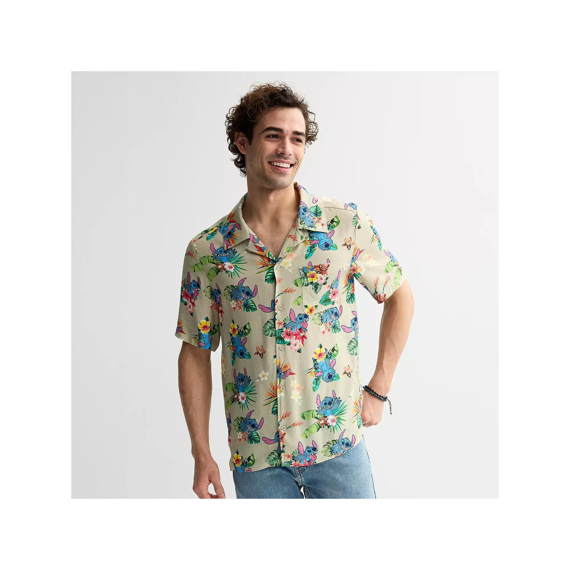 Disney's Lilo & Stitch Men's Tropical Button Down Short Sleeve Shirt, Size: Large, Brown Product Image