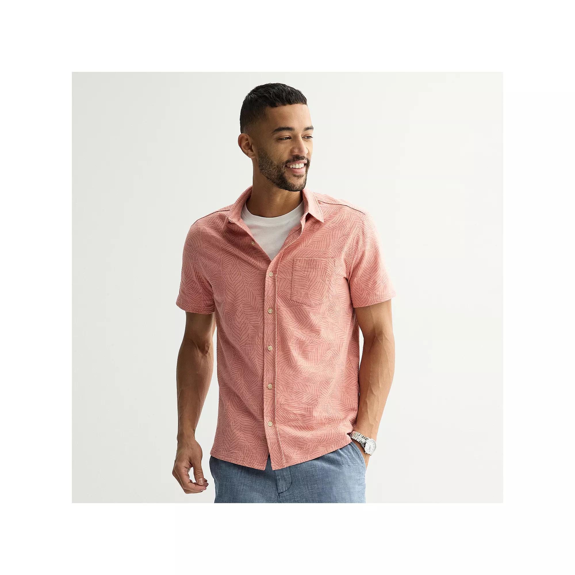 Men's Sonoma Goods For Life® Knit Short Sleeve Button Down Shirt, Size: Small, Pink Leaf Print Product Image