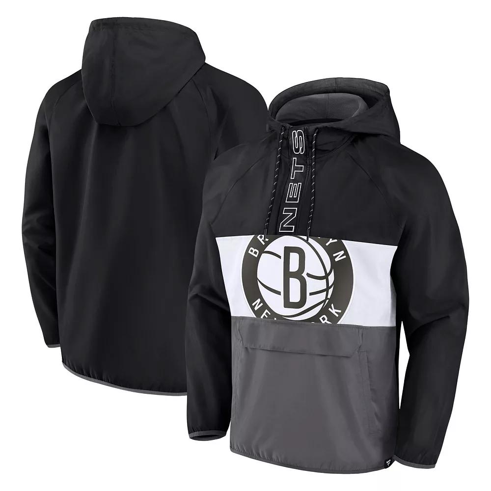 Men's Fanatics Branded Black/Gray Brooklyn Nets Anorak Flagrant Foul Color-Block Raglan Hoodie Half-Zip Jacket,  Product Image