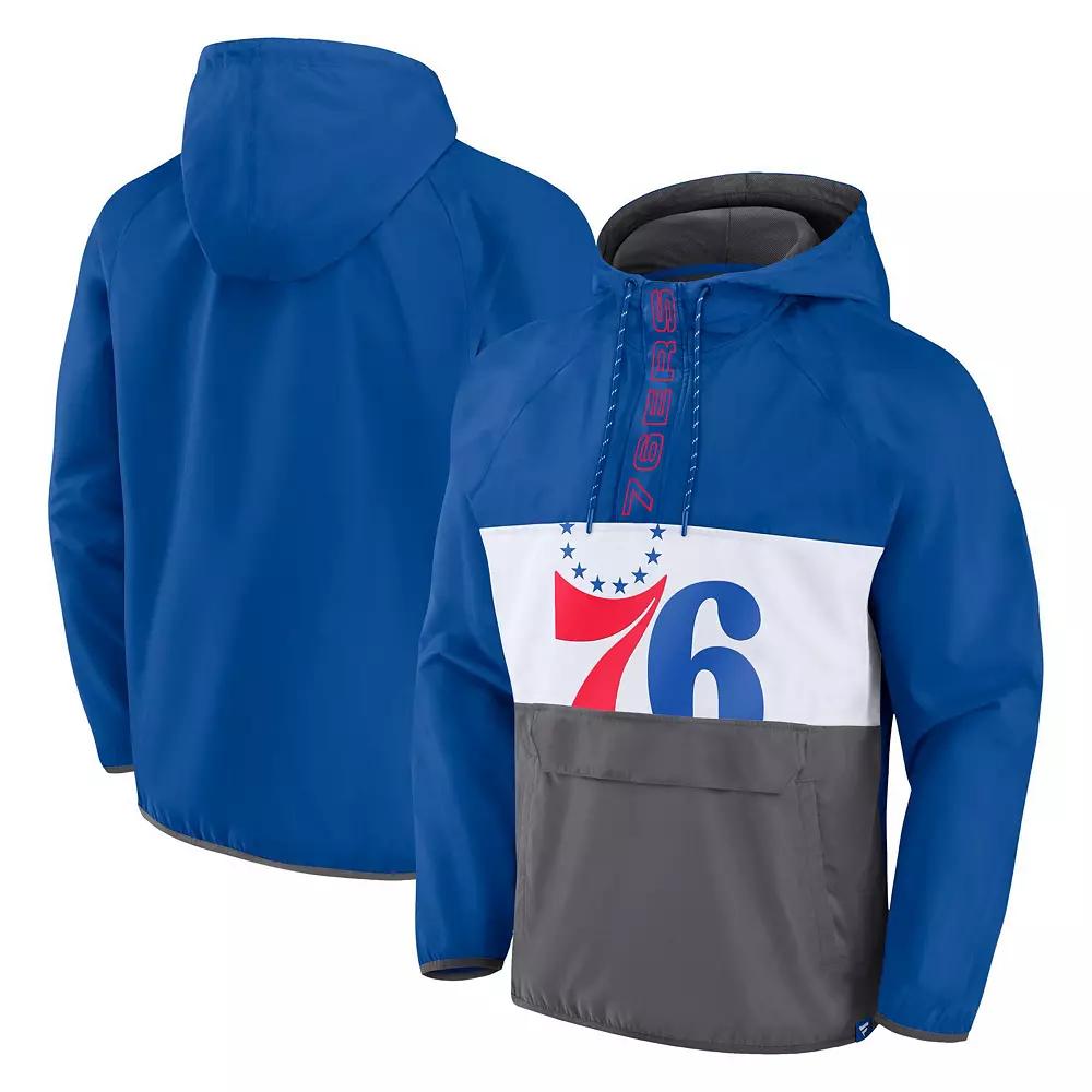 Men's Fanatics Branded Royal/Gray Philadelphia 76ers Anorak Flagrant Foul Color-Block Raglan Hoodie Half-Zip Jacket,  Product Image