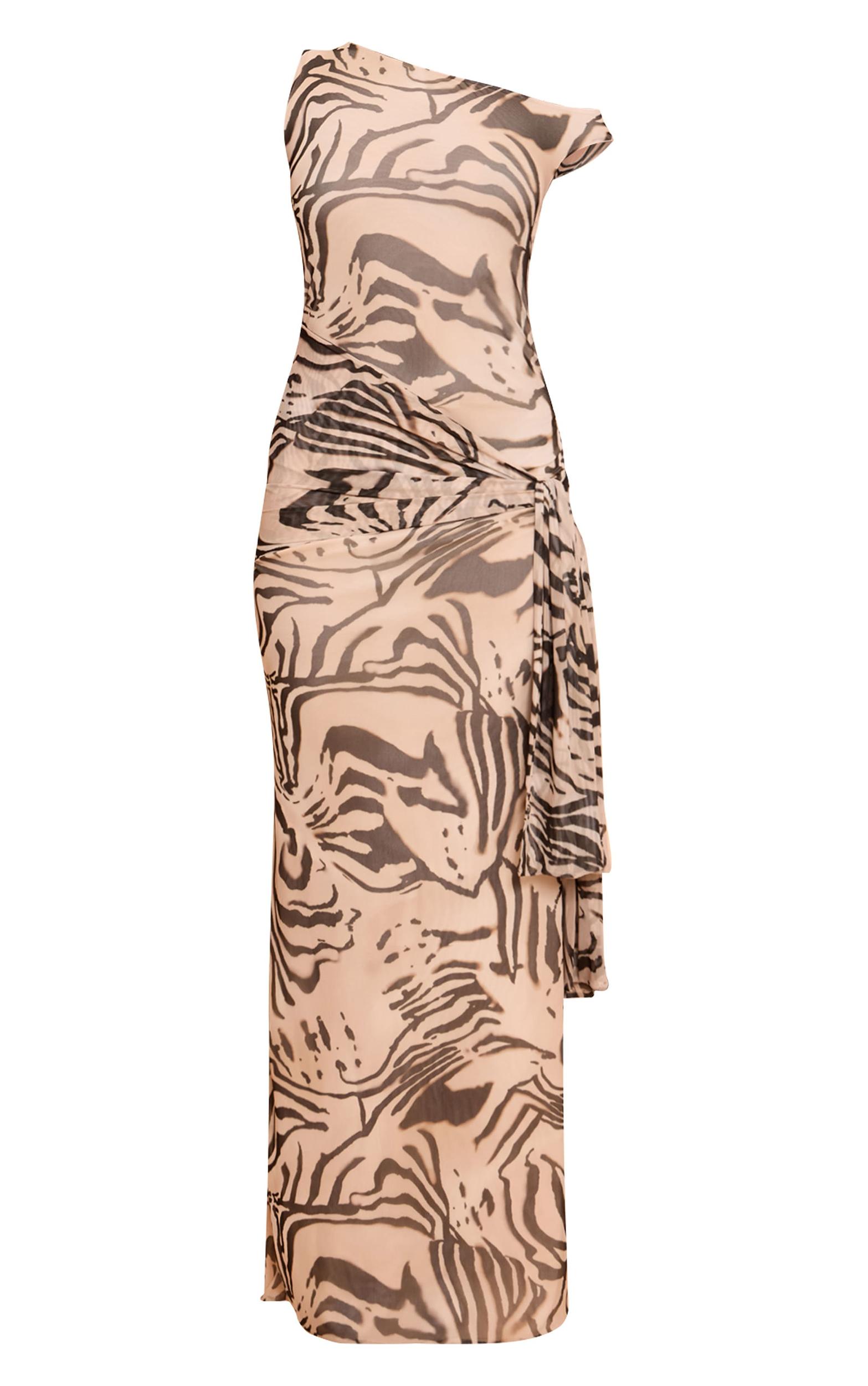 Cream Zebra Print Mesh Asymmetric Neckline Maxi Dress Product Image