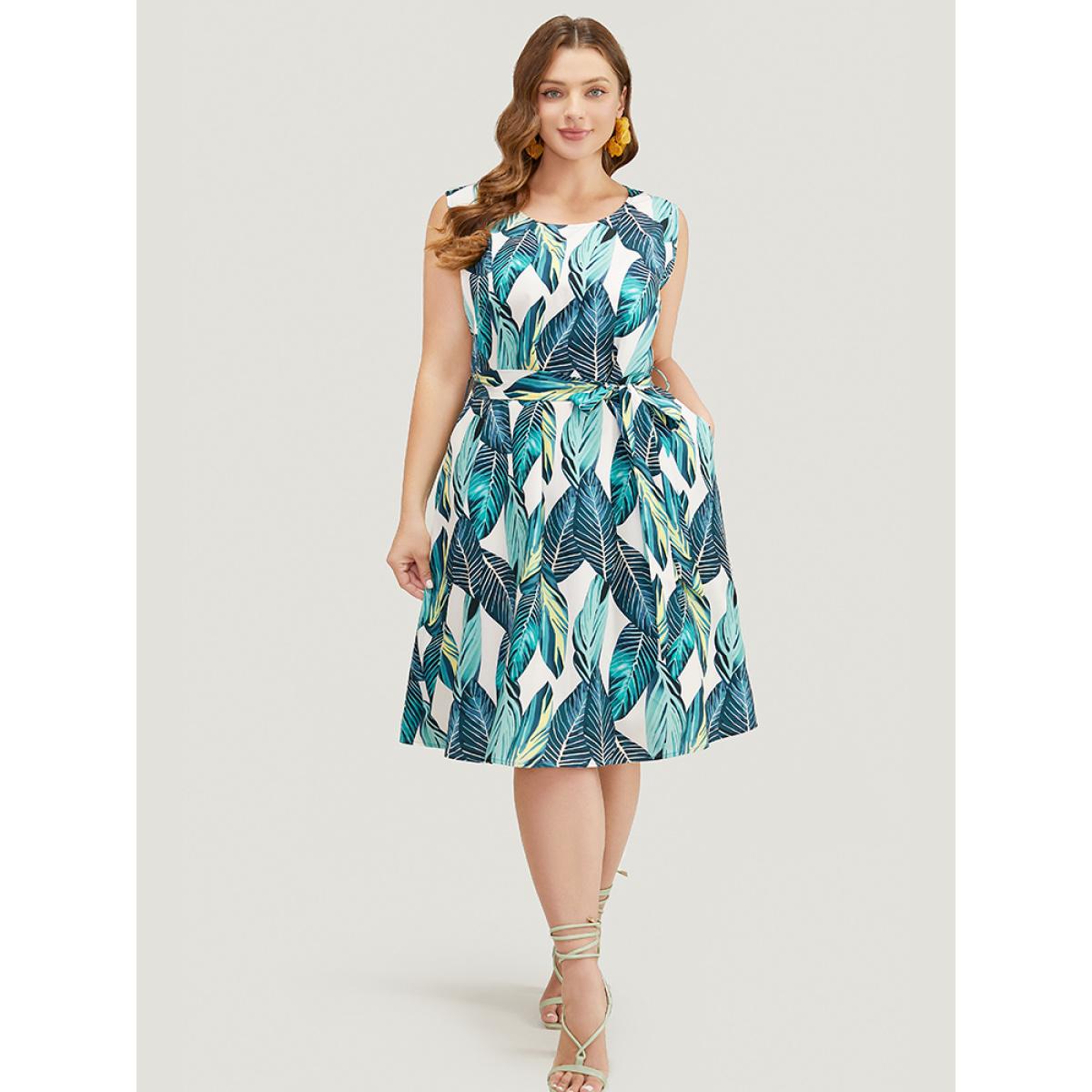 Plus Size Tropical Print Pocket Belted Tank Dress Emerald Women Vacation Cross straps Round Neck Sleeveless Curvy Knee Dress BloomChic 10/M Product Image