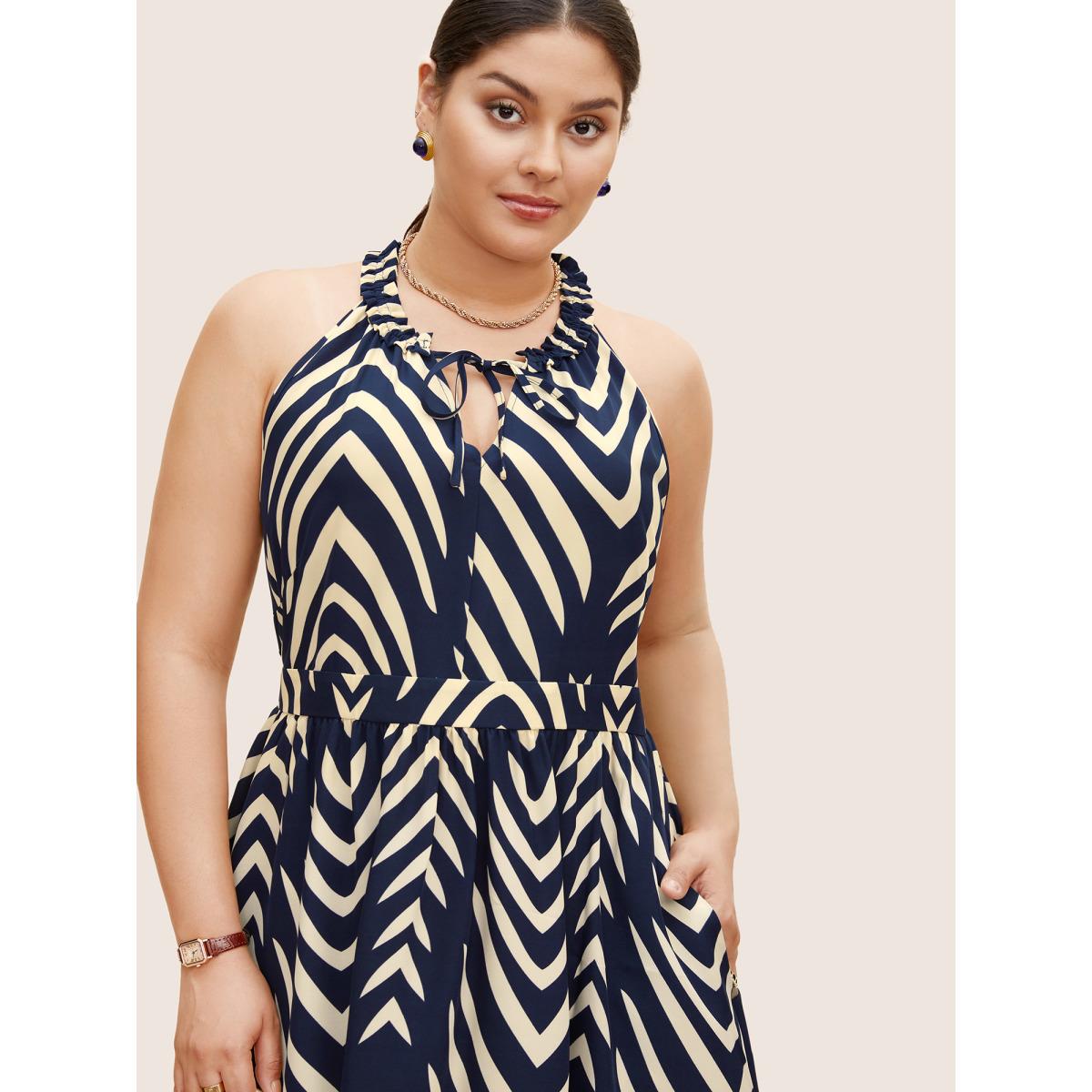 Plus Size Geometric Frill Trim Tie Knot Sleeveless Dress Navy Women At the Office Wraparound straps V-neck Sleeveless Curvy BloomChic 12/L Product Image