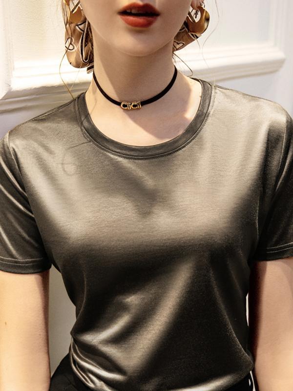 Loose Short Sleeves Shiny Solid Color Round-Neck T-Shirts Tops Product Image