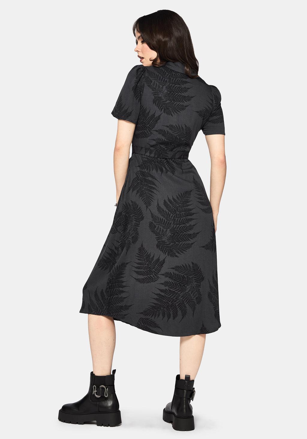 Ruin Fern Printed Button Up Midi Shirt Dress - Grey Product Image