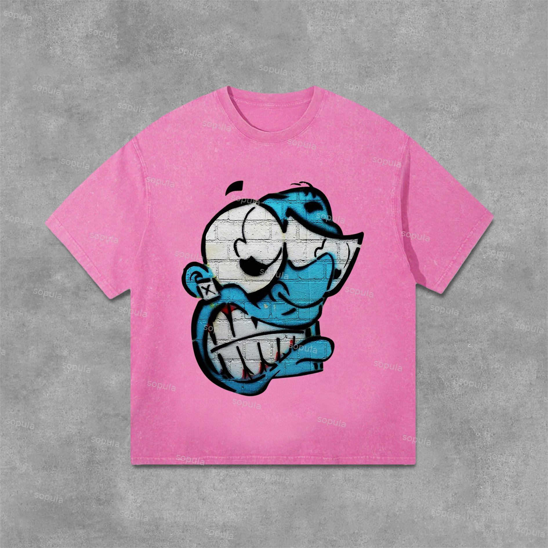 Sopula Vintage Cartoon Monster Graphic Print Casual Acid Washed T-Shirt Product Image