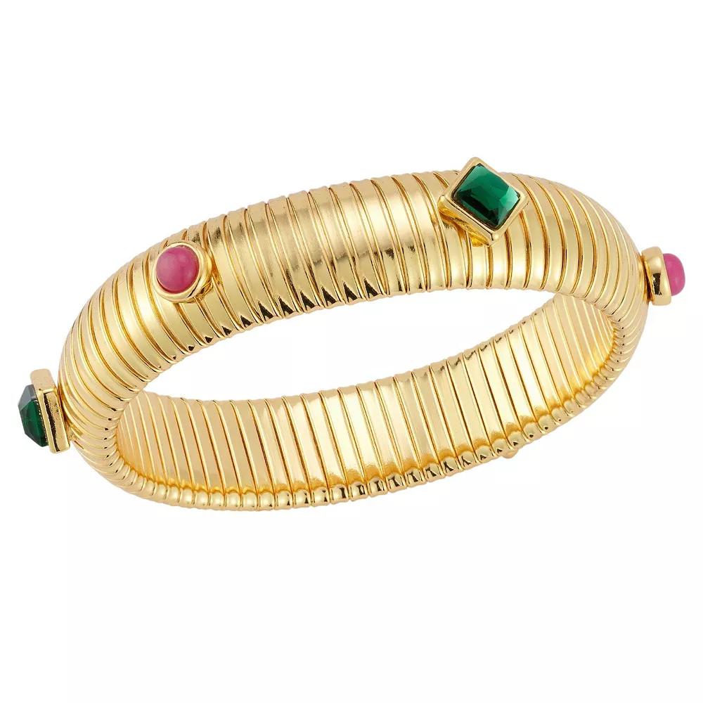 WINX 18k Gold Plated Round and Square Cubic Zirconia Ribbed Bold Bangle Bracelet, Women's, Size: 7.5", Gold Tone Product Image