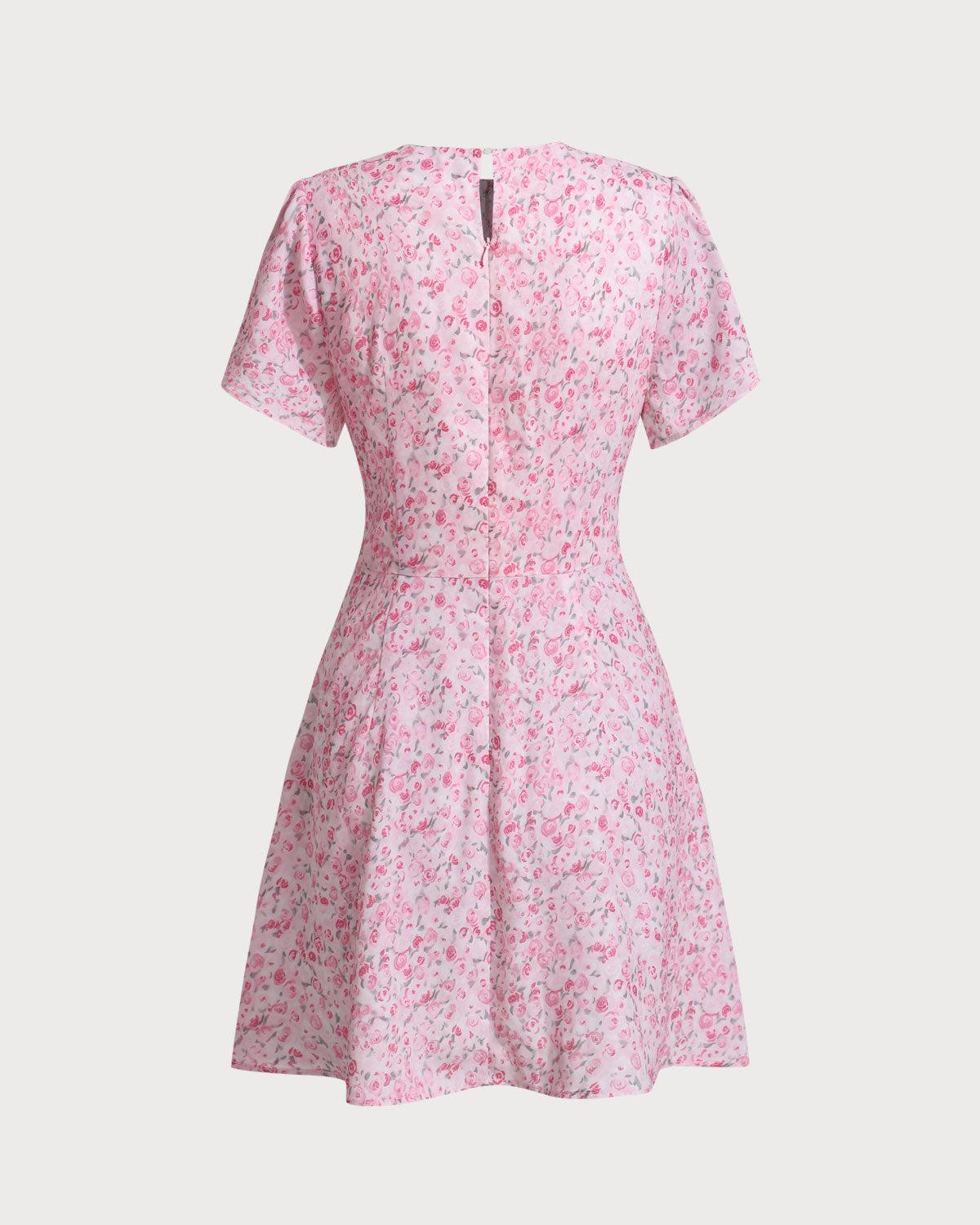 Pink Floral Round Neck Pleated Mini Dress Product Image