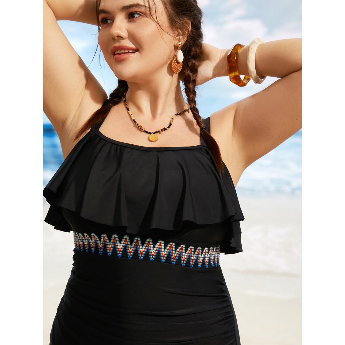 Plus Size Woven Ribbon Gathered Ruffle Trim One Piece Swimsuit Women's Swimwear Black Beach Woven ribbon&lace trim Curve Bathing Suits High stretch One Pieces BloomChic 22-24/3X Product Image
