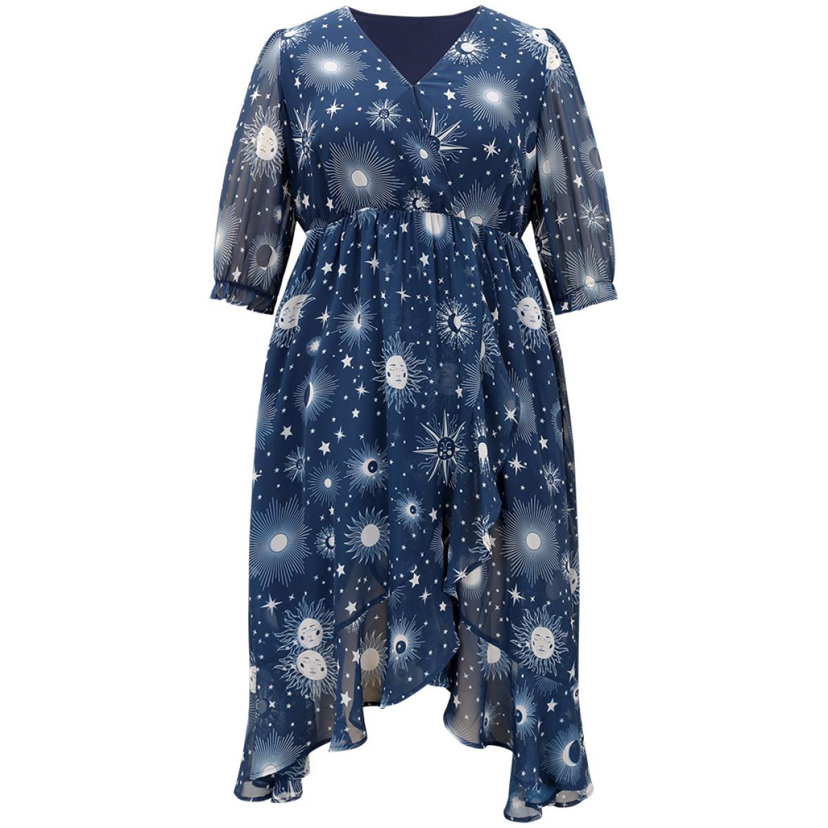 Plus Size Christmas Moon & Star Ruffles Mesh Wrap Dress Cyan Women Party Wrap Overlap Collar Elbow-length sleeve Curvy Midi Dress BloomChic 14-16/1X Product Image