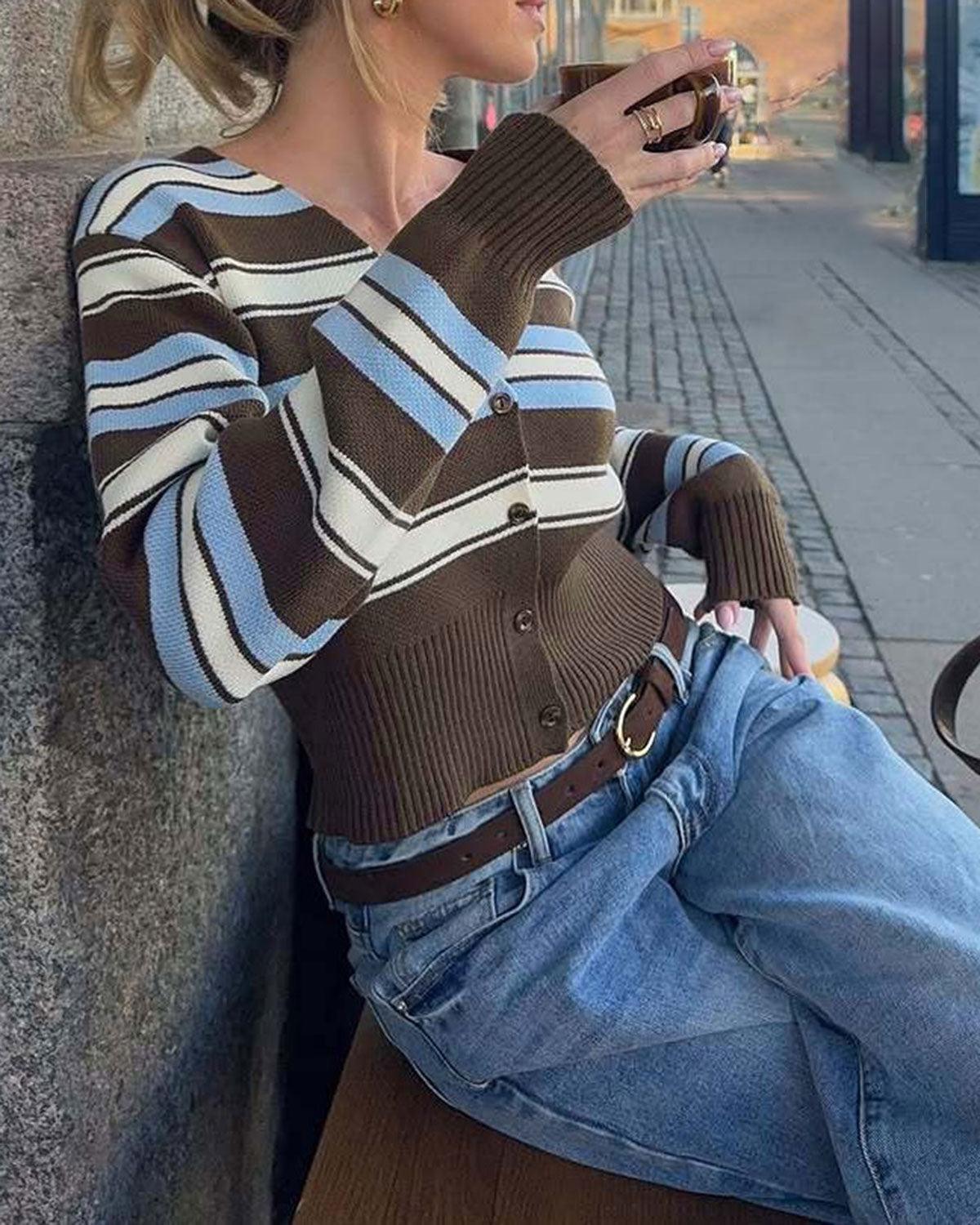 Brown Striped V Neck Knit Cardigan Product Image