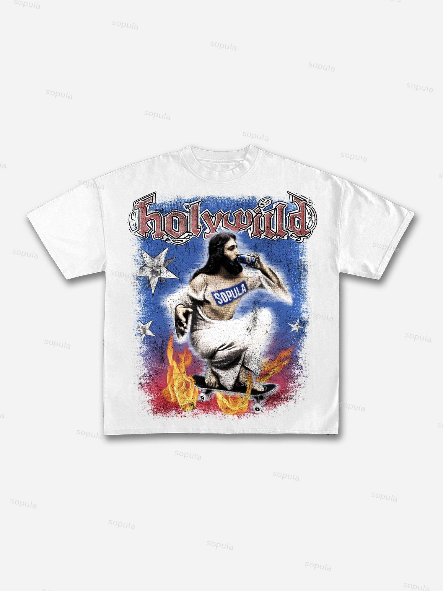 Retro Street Jesus Holy Wild Graphic Cotton T-shirt Product Image