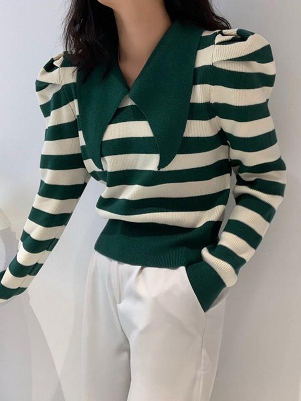 Striped Puff Sleeve Knit Sweater Product Image