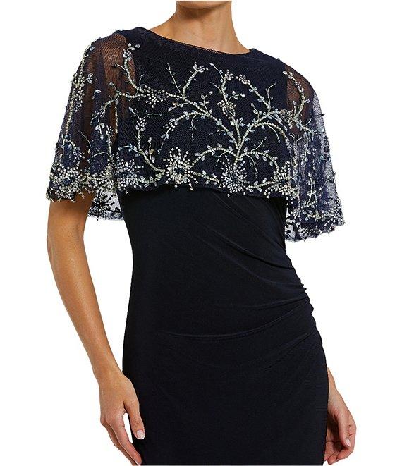 Mac Duggal Beaded Jersey Knit High Neck Shawl Mermaid Gown Product Image