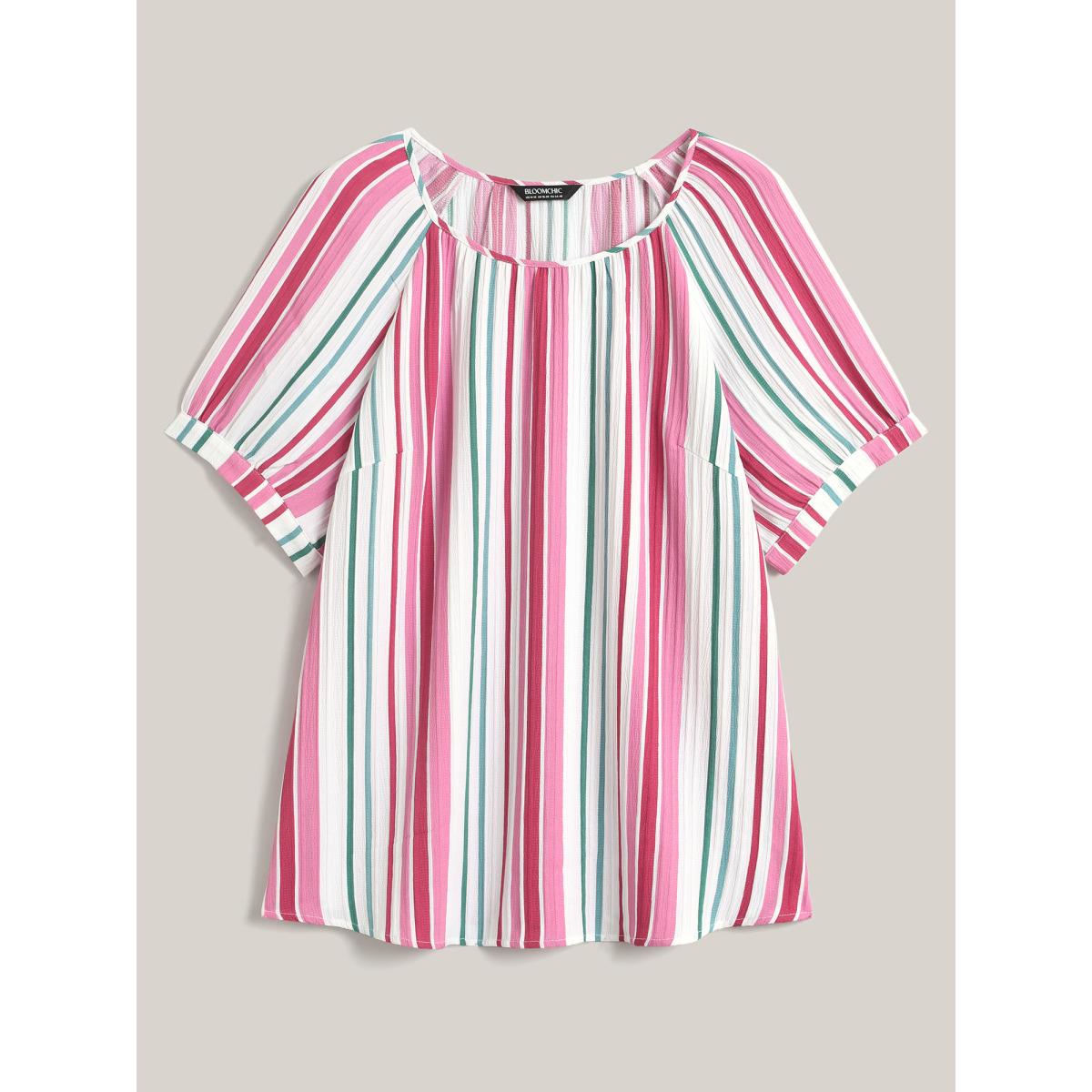Plus Size Multicolor Stripe Print Round Neck Blouse Women Short sleeve Round Neck Everyday-Casual Blouses BloomChic 22-24/3X Product Image