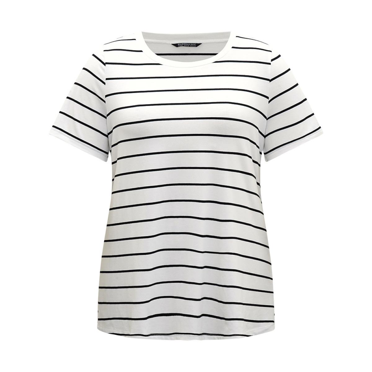 Plus Size Striped Print Round Neck T-shirt White Women Casual Contrast Striped Round Neck Dailywear T-shirts BloomChic 14-16/1X Product Image