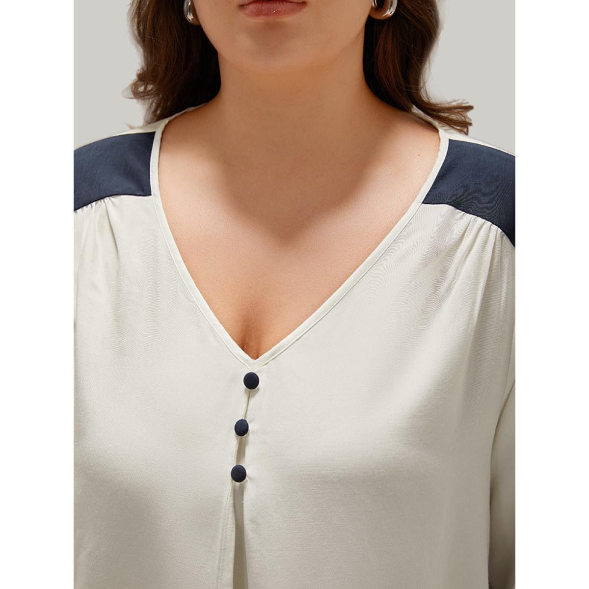 Plus Size Ivory Contrast Patchwork Plicated Button Detail Blouse Women Office Long Sleeve V-neck Work Blouses BloomChic 22-24/3X Product Image