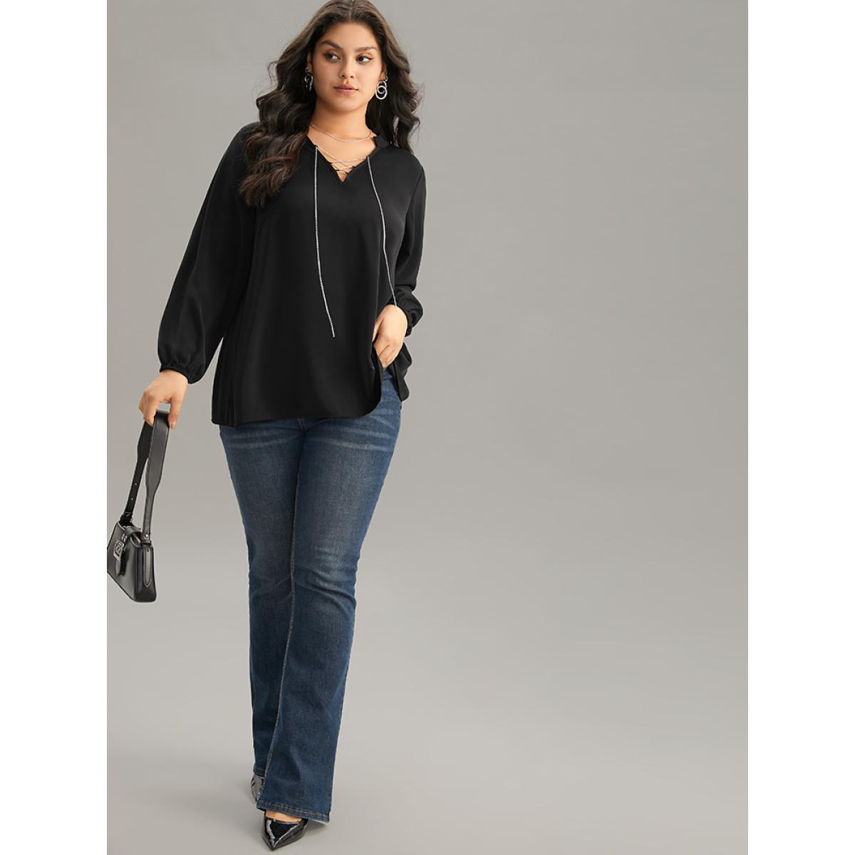 Plus Size Black Anti-Wrinkle Lace Up Chain Detail Lantern Sleeve Blouse Women Office Long Sleeve Tie Neck Party Blouses BloomChic 18-20/2X Product Image