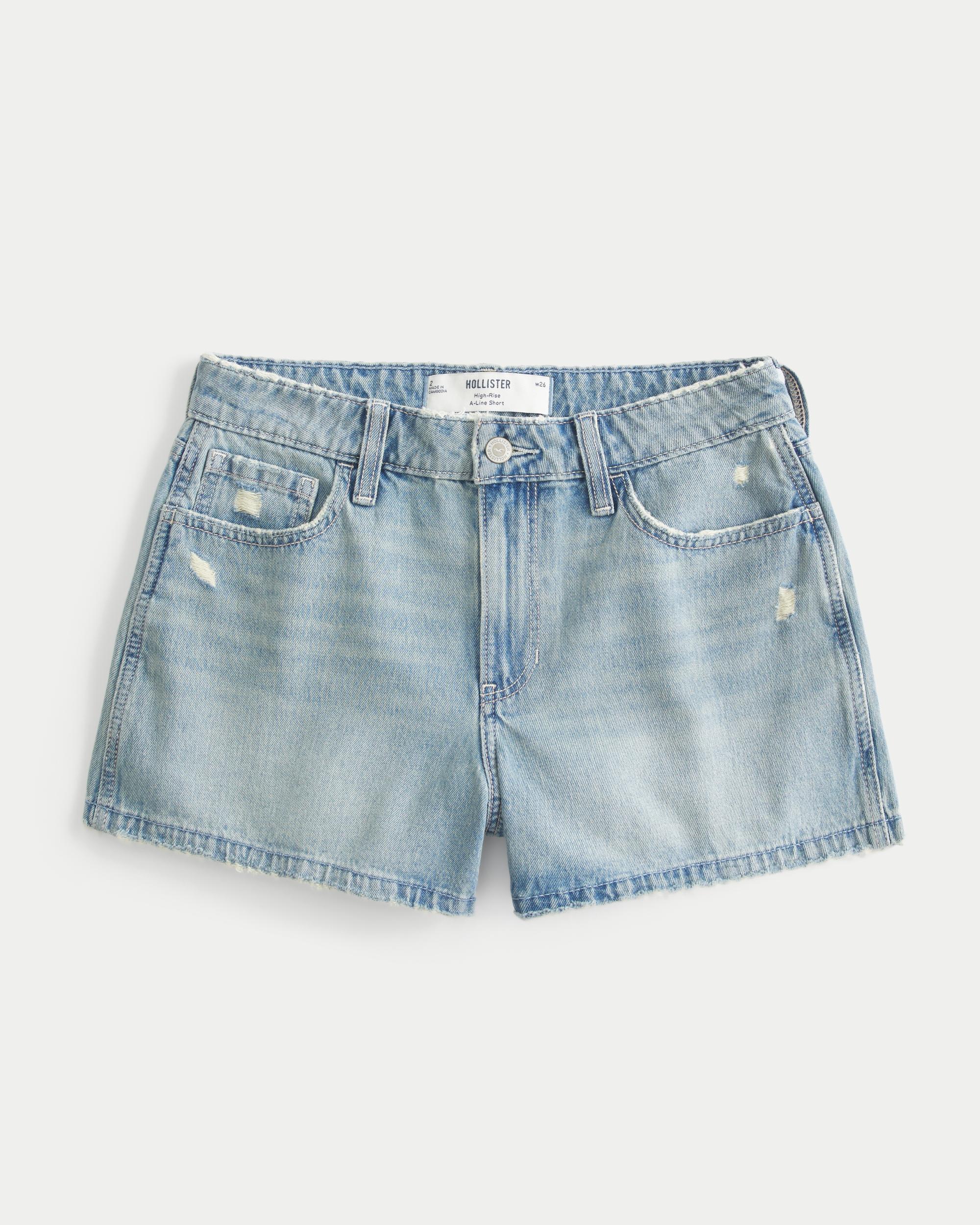 High-Rise Ripped Light Wash A-Line Denim Shorts Product Image
