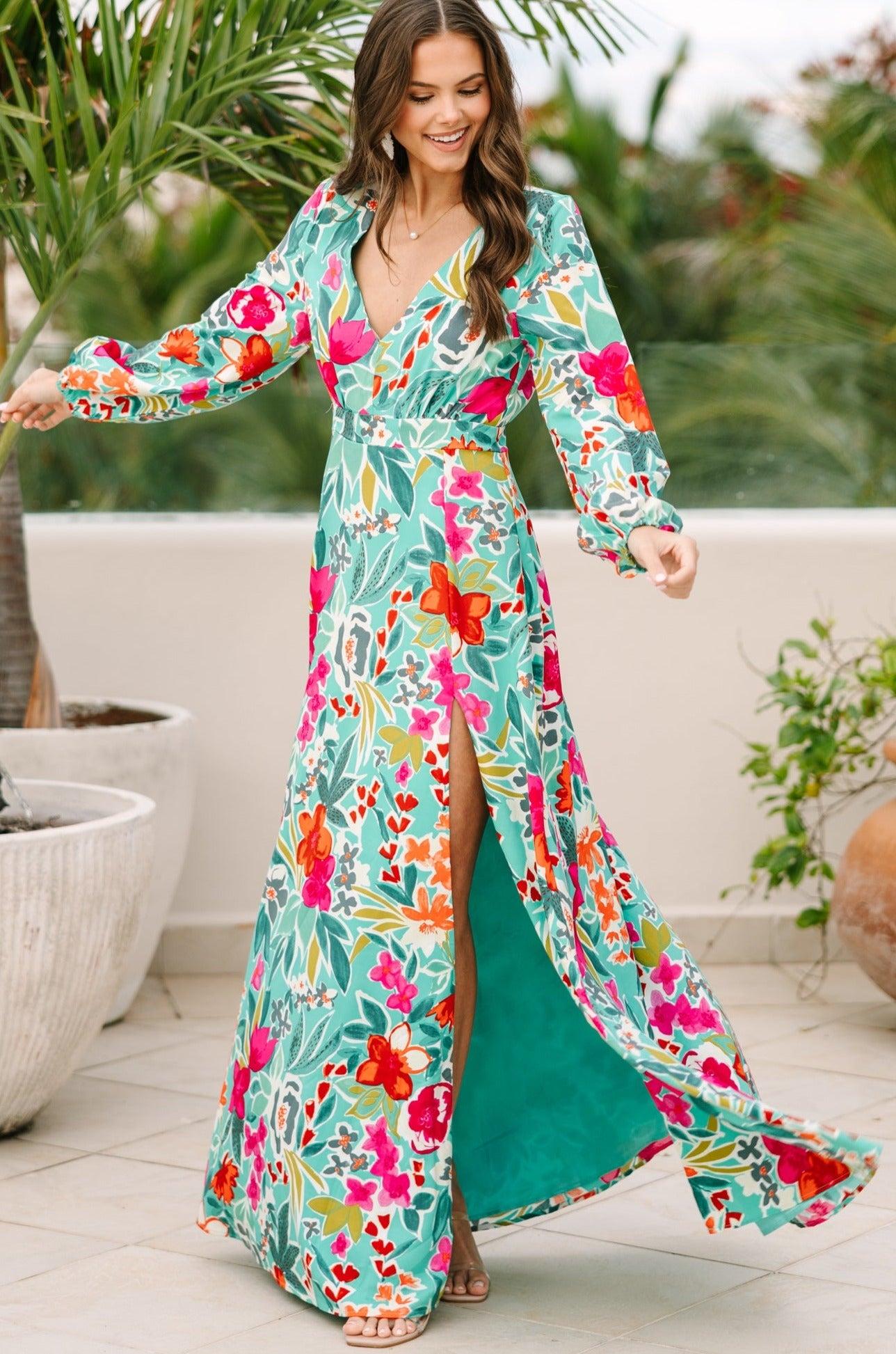Just Feels Right Teal Blue Floral Maxi Dress Female Product Image
