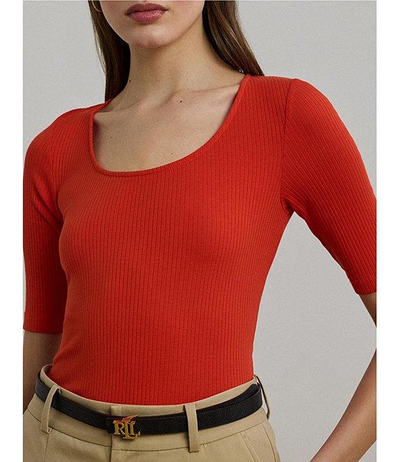 Lauren Ralph Lauren Cotton Blend Rib-Knit Scoop Neck Elbow Sleeve Tee Product Image