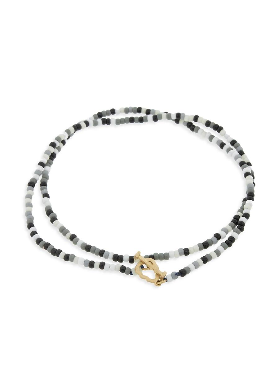 Mens 14K Yellow Gold & Double Wrap Beaded Skull Bracelet Product Image