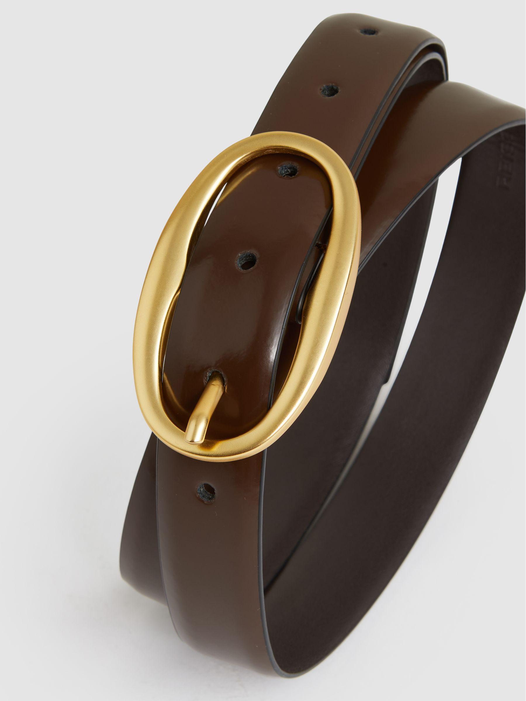 Patent Leather Oval Buckle Belt in Chocolate Product Image