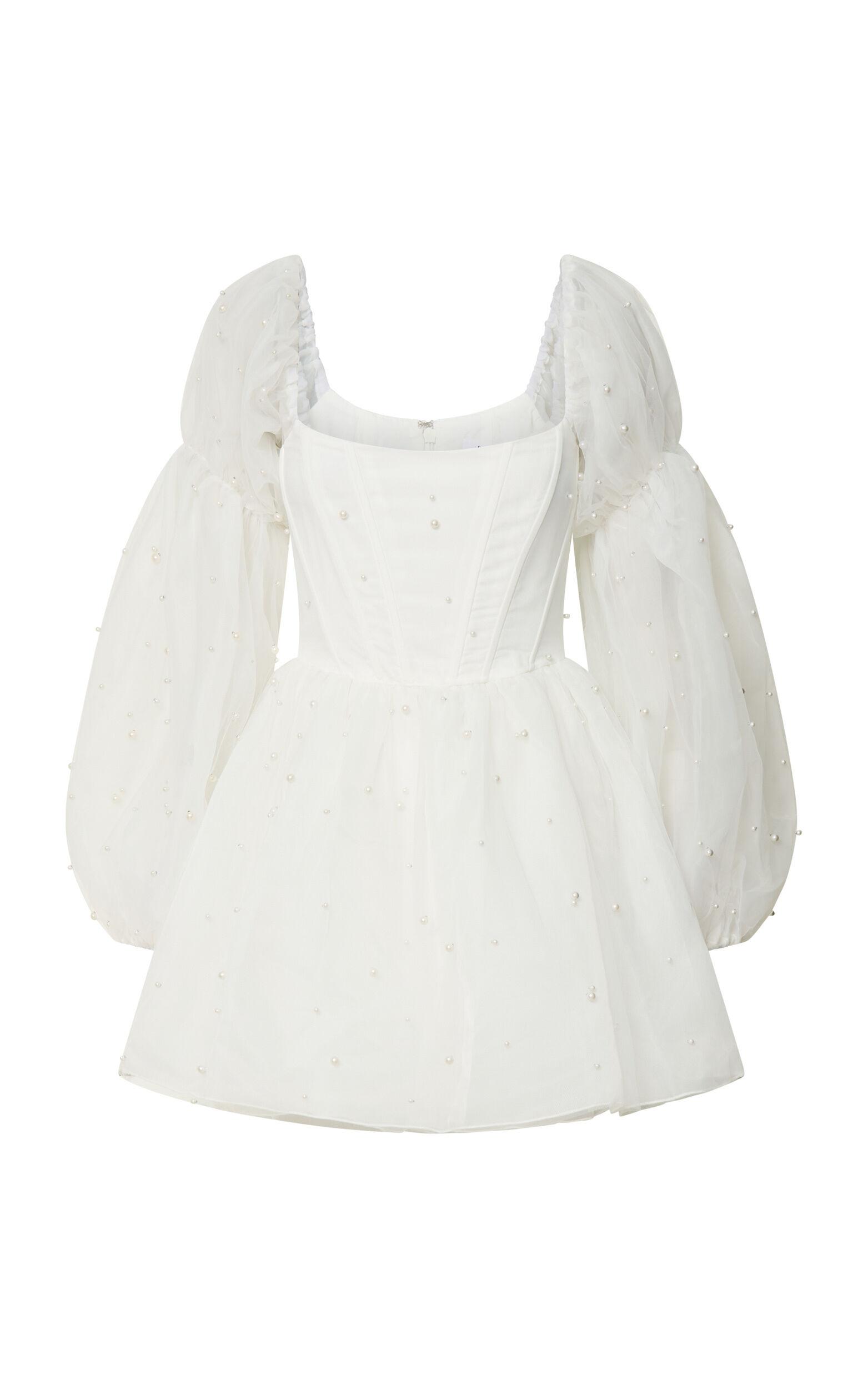 Ingrid Mini Dress - Long Puff Sleeve Pearl Detail Dress in White Product Image