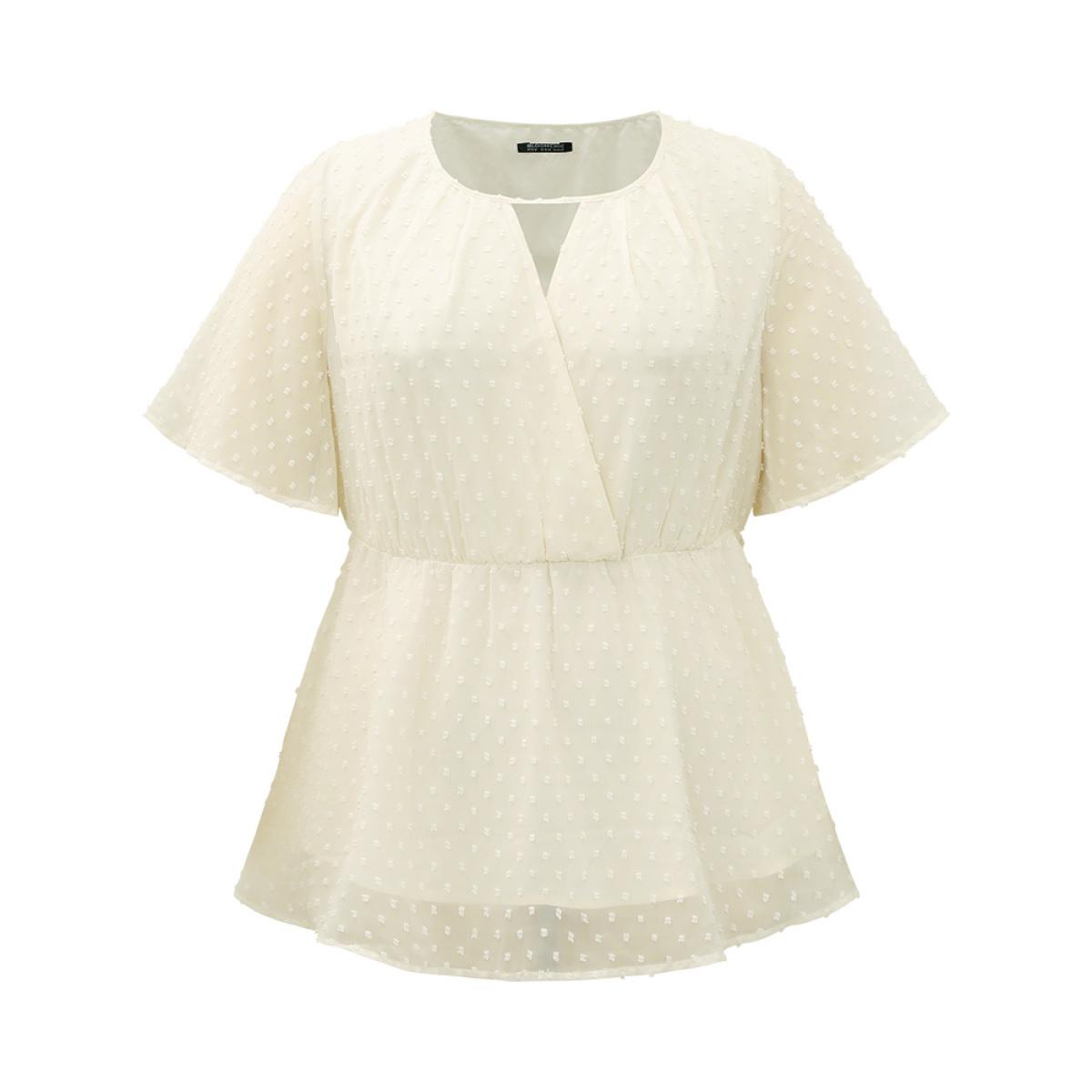 Plus Size Ivory Polka Dot Keyhole Mesh Gathered Flutter Sleeve Blouse Women Office Short sleeve V-neck Work Blouses BloomChic 22-24/3X Product Image