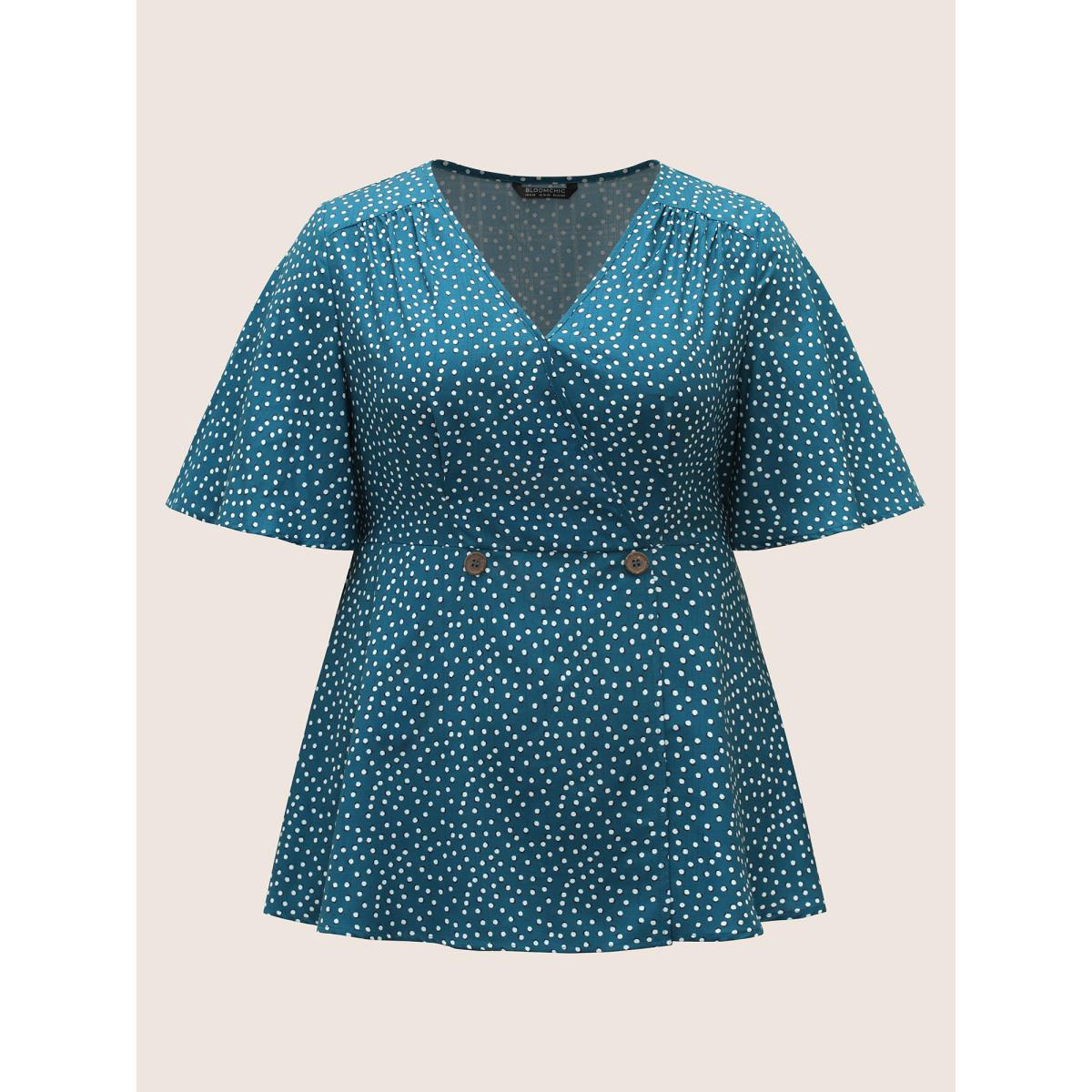 Plus Size Arctic Solid Button Detail Ruffle Sleeve Gathered Blouse Women At the Office Short sleeve V-neck Work Blouses BloomChic 26/4X Product Image