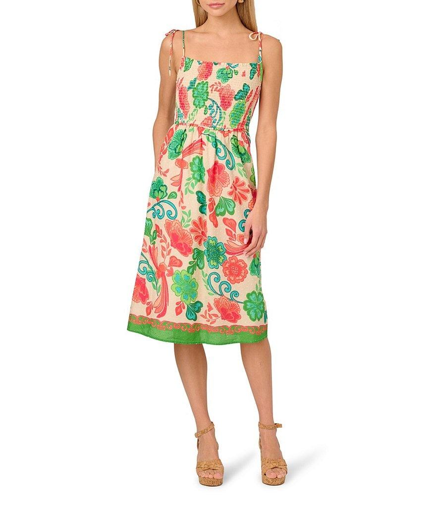 Adrianna by Adrianna Papell Smocked Floral Print Square Neck A-Line Knee Length Dress Product Image