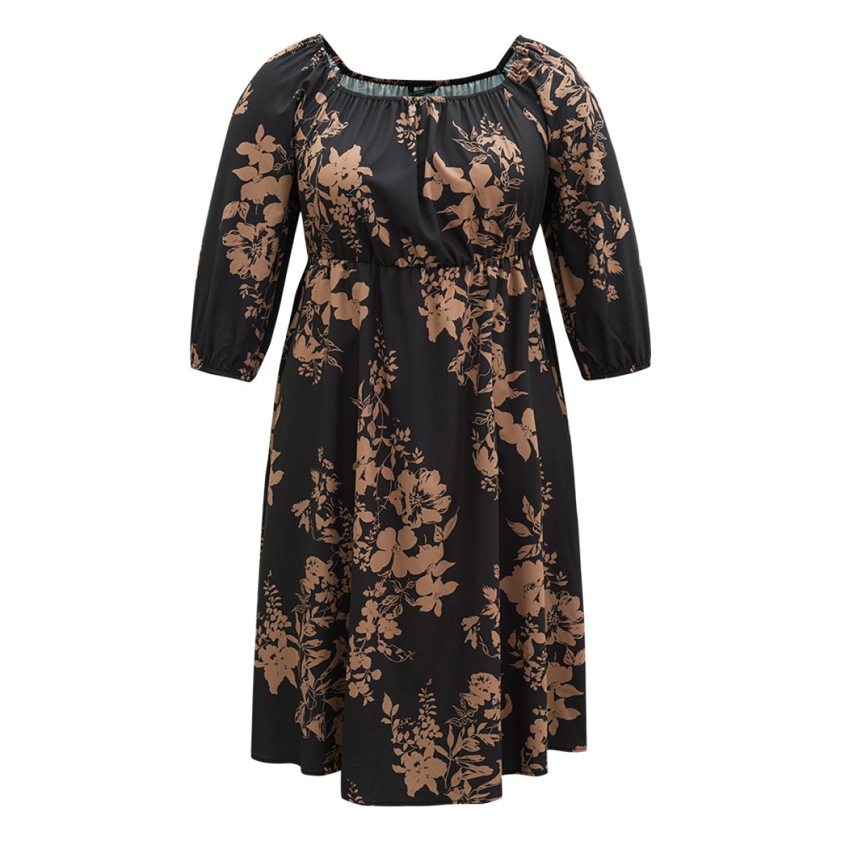 Plus Size Silhouette Floral Print Elastic Cuffs Dress Black Women Elegant Elastic cuffs Square Neck Elbow-length sleeve Curvy Midi Dress BloomChic 26/4X Product Image