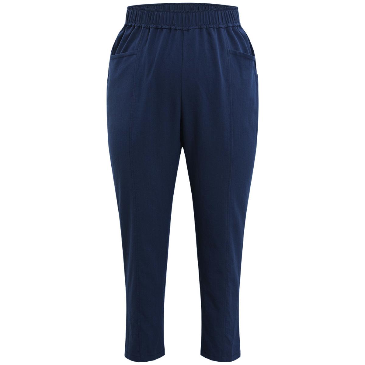 Plus Size Solid Elastic Waist Pocket High Rise Pants Women Indigo Casual High Rise Dailywear Pants BloomChic 18-20/2X Product Image