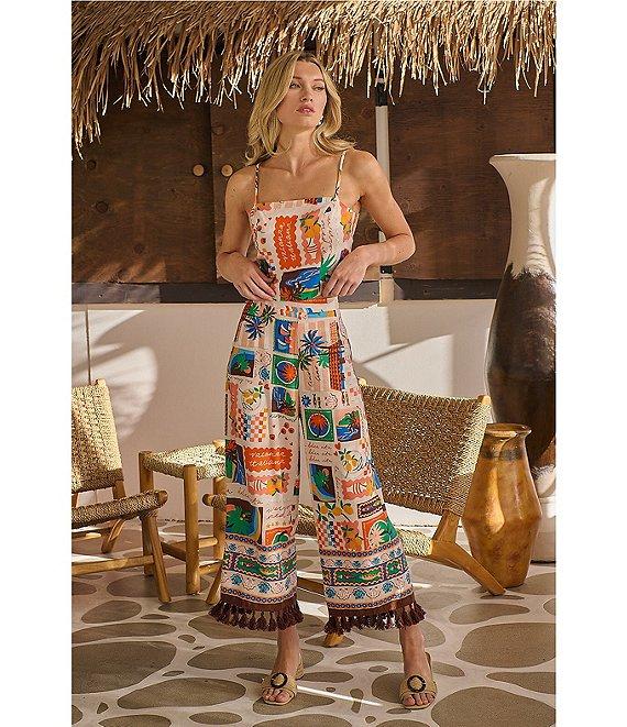 Sugarlips Coordinating Postcard Print Linen Blend Square Neck Sleeveless Top Product Image