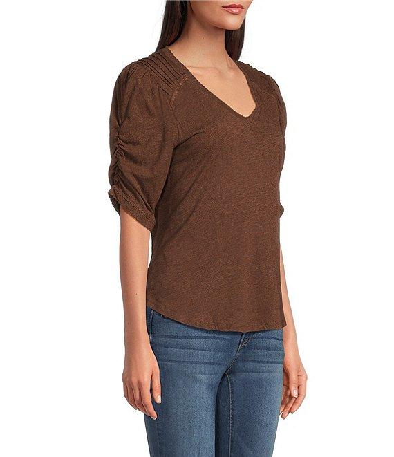 Democracy Knit Scallop V-Neck Elbow Ruched Sleeve Crochet Detail Top Product Image