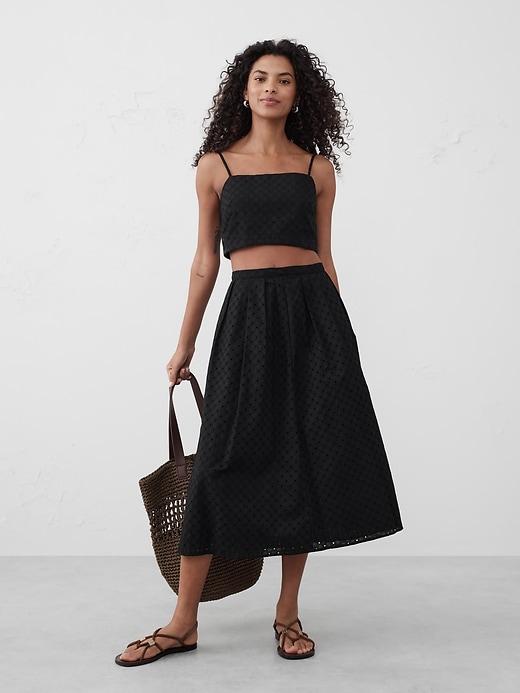 Pleated Eyelet Midi Skirt Product Image