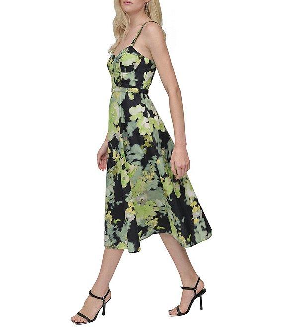 DKNY by Donna Karan Cotton Poplin Floral Sweetheart Neck Sleeveless Belted A-Line Midi Dress Product Image