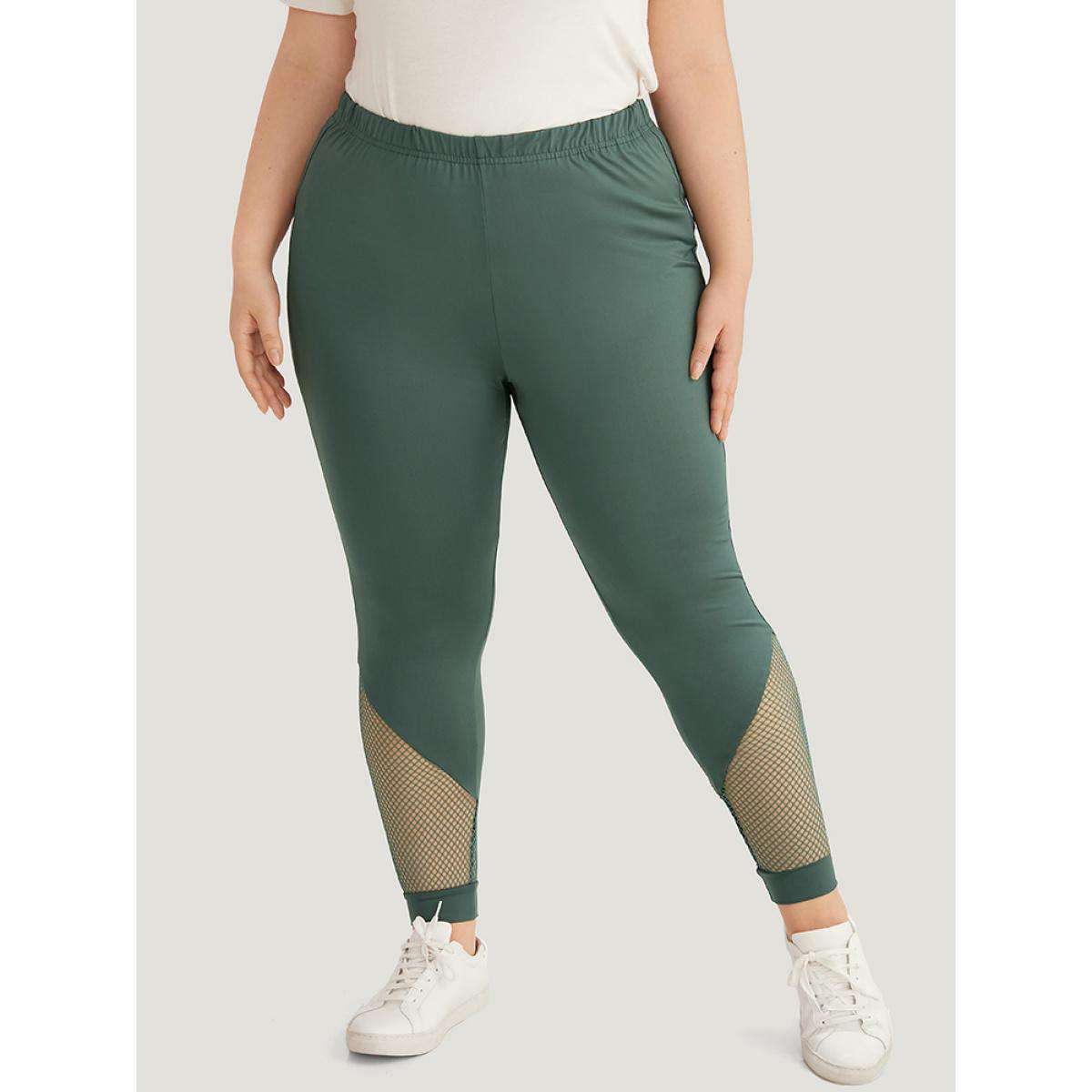 Plus Size Solid Patchwork Cut Out Elastic Waist Leggings Women DarkGreen Casual High stretch Skinny High Rise Dailywear Leggings BloomChic 18-20/2X Product Image