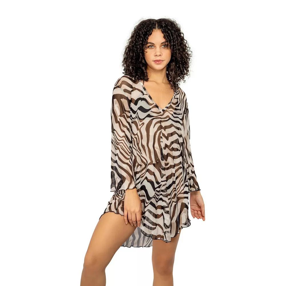 Women's Jordan Taylor Animal Print Sheer Swim Cover-Up Tunic, Size: Small, Zebra Grey Product Image