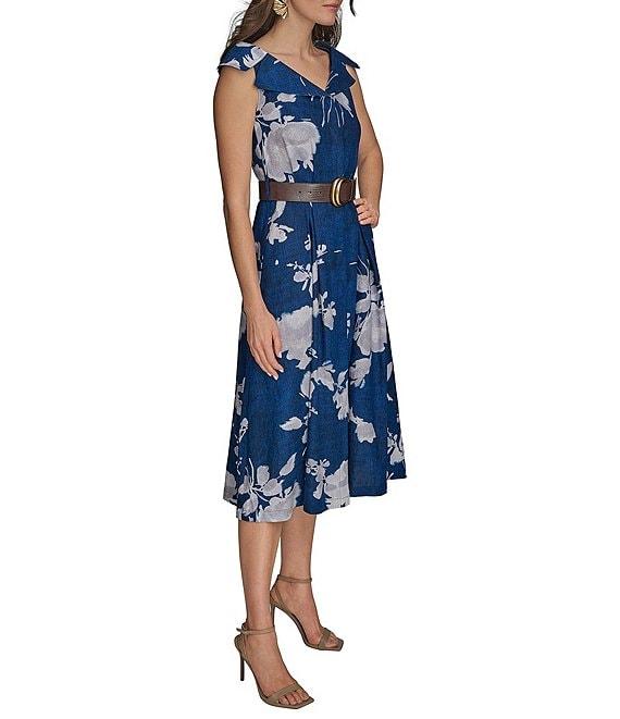 Donna Karan V-Neck Floral Print Belted Midi Dress Product Image