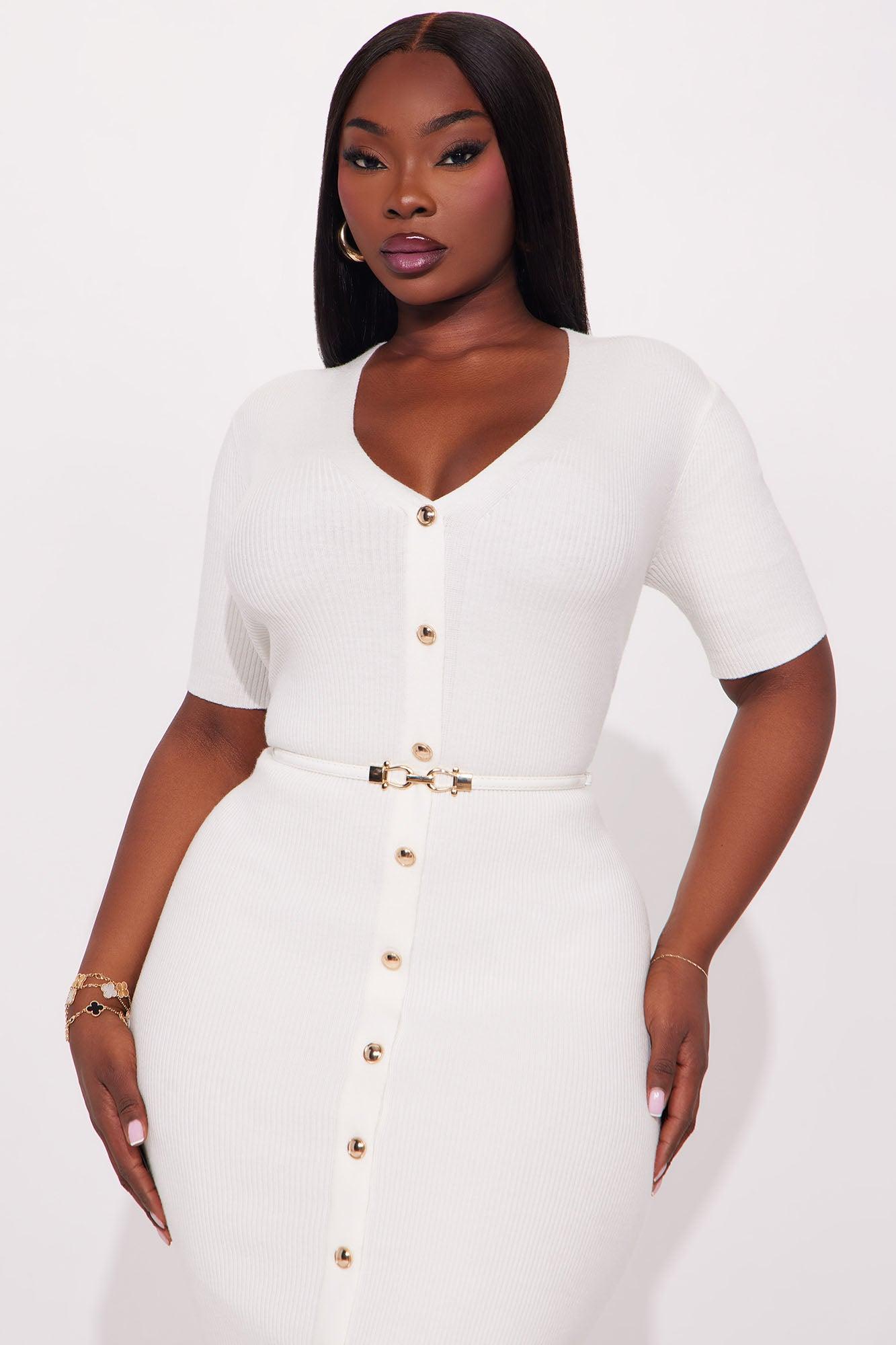 Kaia Belted Ribbed Midi Dress - White Female Product Image