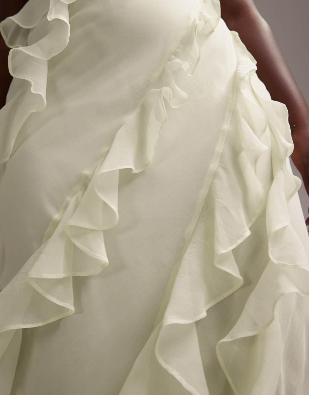 ASOS DESIGN Curve Bridesmaids racer neck bias cut ruffle maxi dress in light green Product Image