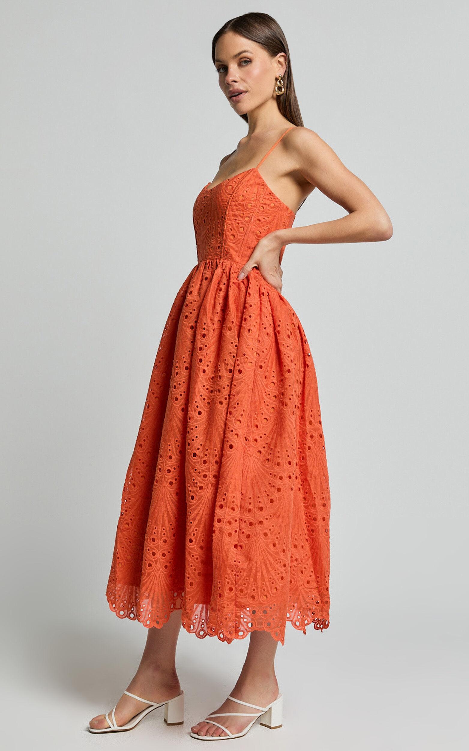 Gabriella Midi Dress - Strappy Gathered Skirt Embroidered Dress in Orange Product Image