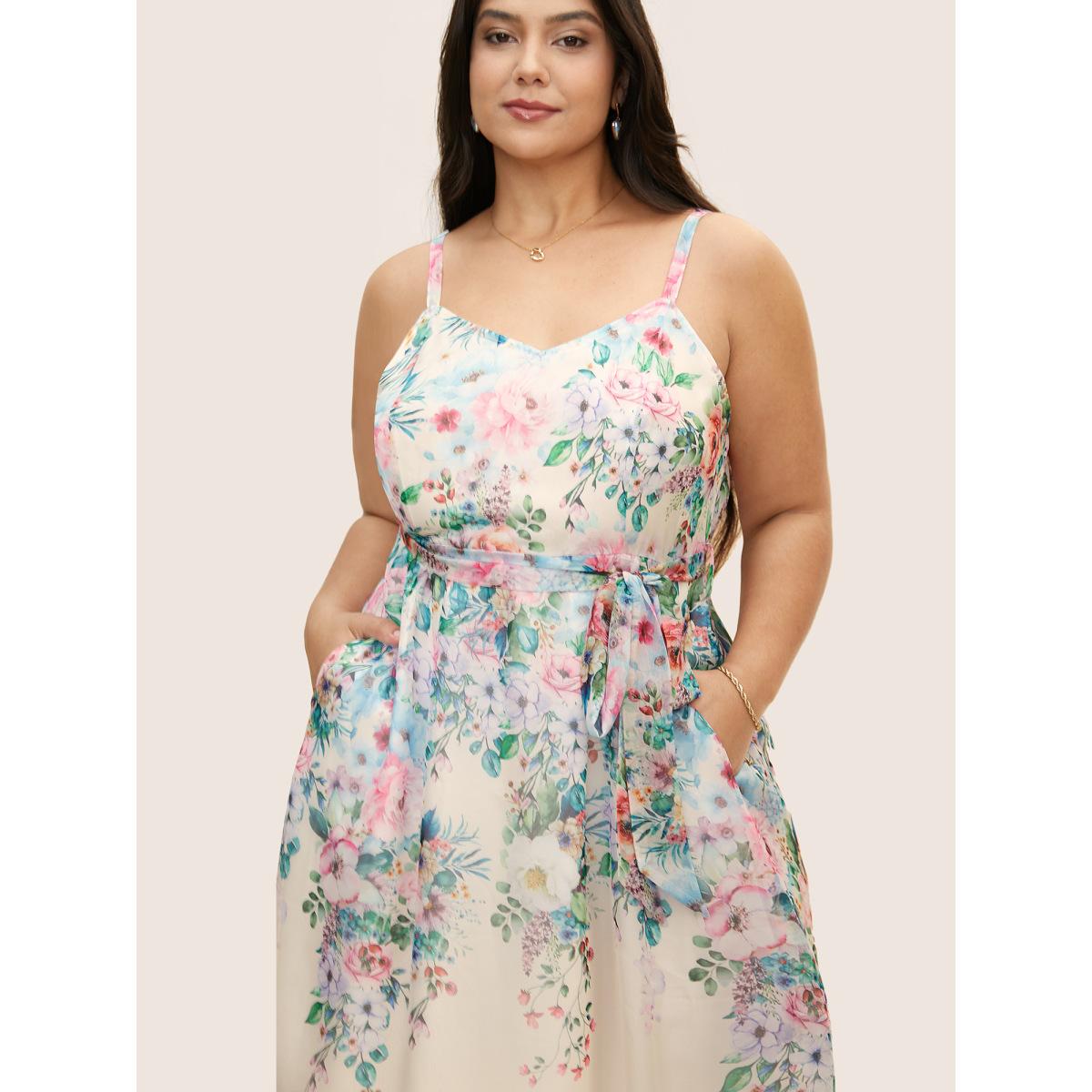 Plus Size Floral Mesh Elastic Waist Belted Cami Dress Champagne Women Elegant Belted U-neck Sleeveless Curvy BloomChic 30/6X Product Image
