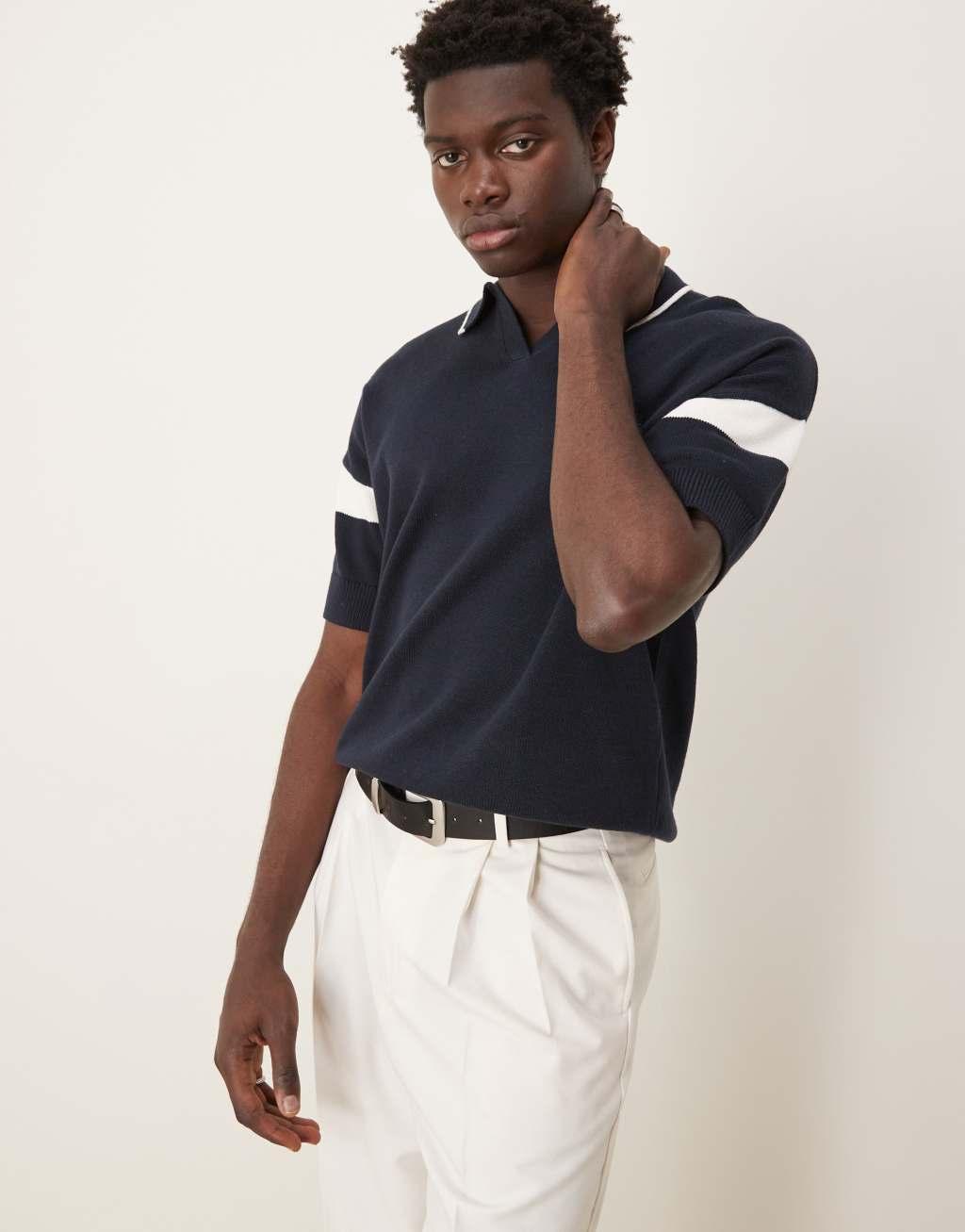 ASOS DESIGN relaxed boxy fit notch neck polo with sleeve panel in navy Product Image