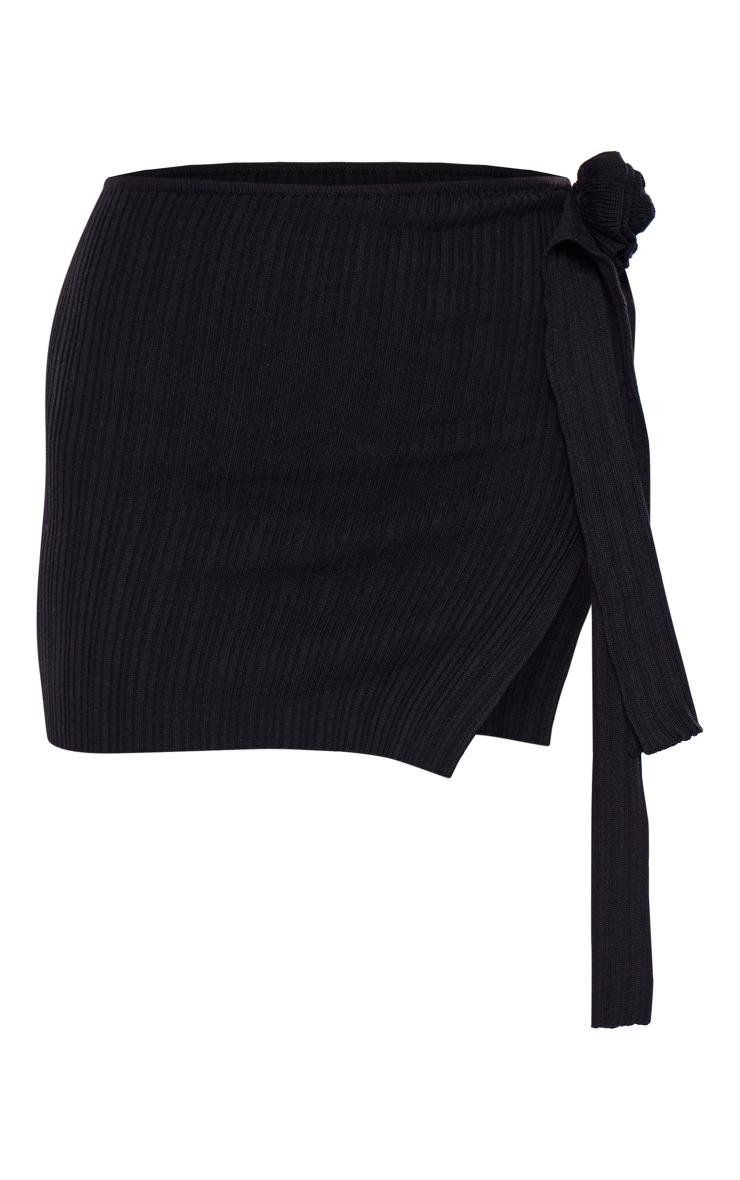 Black Rib Knit Flower Applique Mini Skirt Product Image