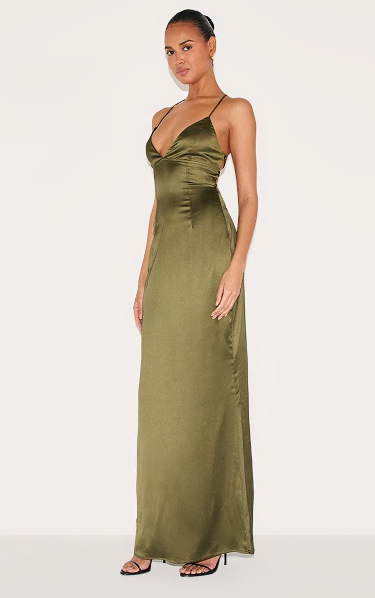  Olive Satin Tie Back Maxi Dress Product Image
